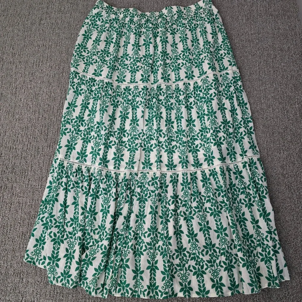 Skies Are Blue Tiered Maxi Skirt Womens‎ XXL Green White Boho Cottagecore